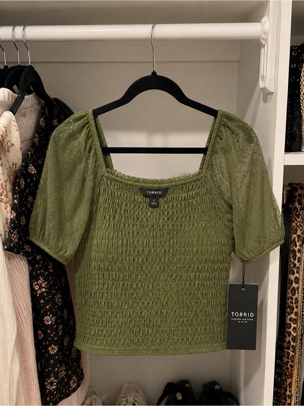 TORRID Dot Mesh Olive Square Neck Smocked Crop Top